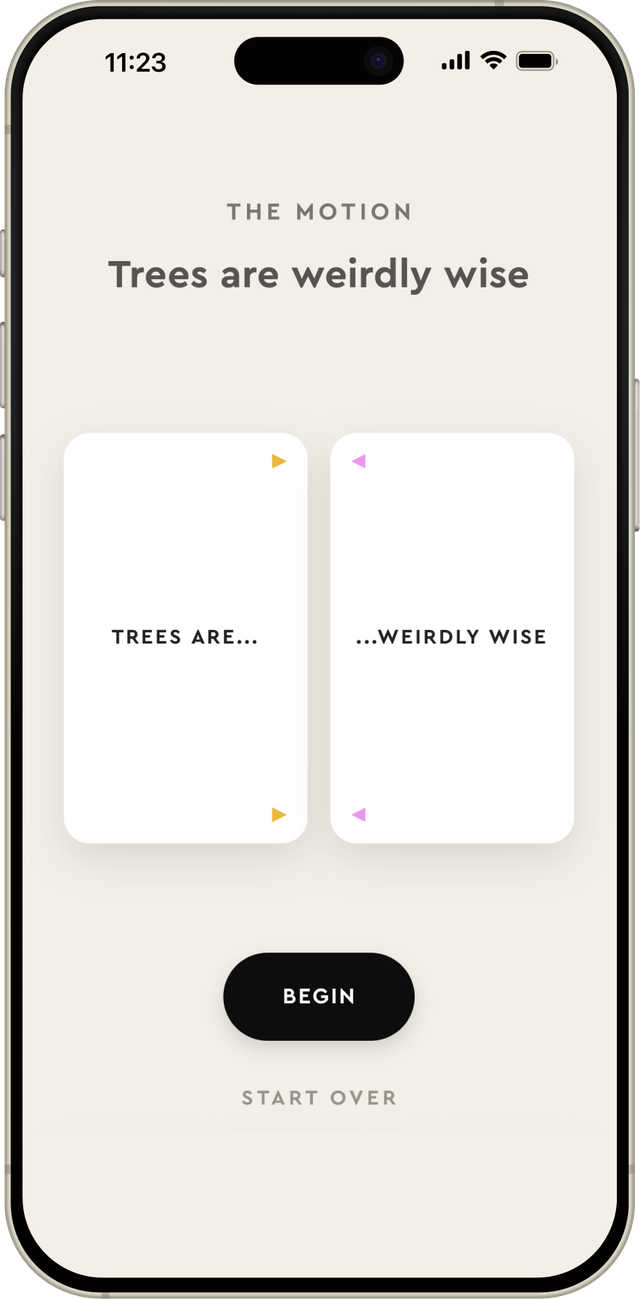 The web app mid-round: a Baseline and a Kicker dealt into the motion 'Trees are weirdly wise'