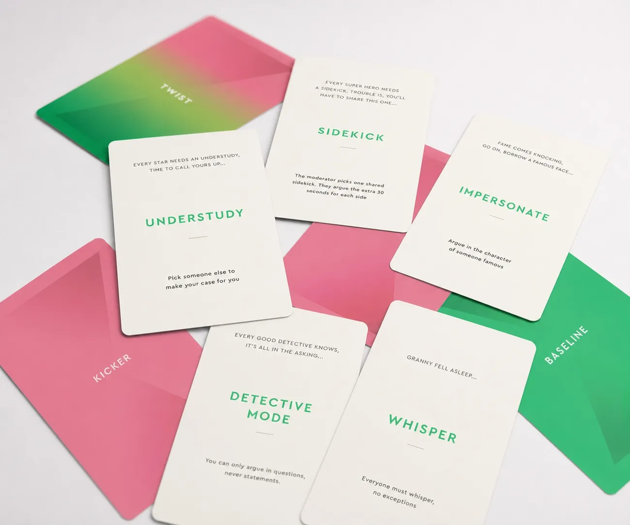 A spread of Twist cards: Understudy, Sidekick, Impersonate, Detective Mode and Whisper