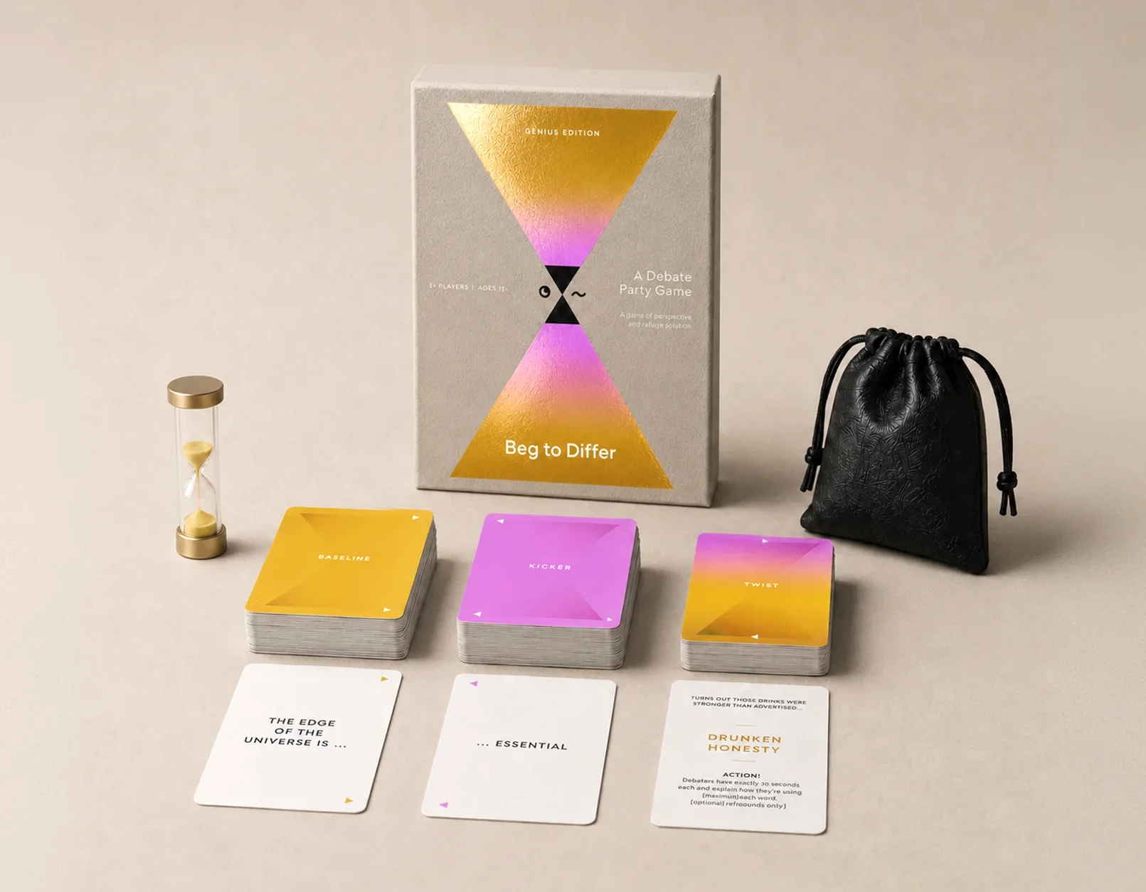 The Genius Edition set laid out: decks, sand timer and marker bag