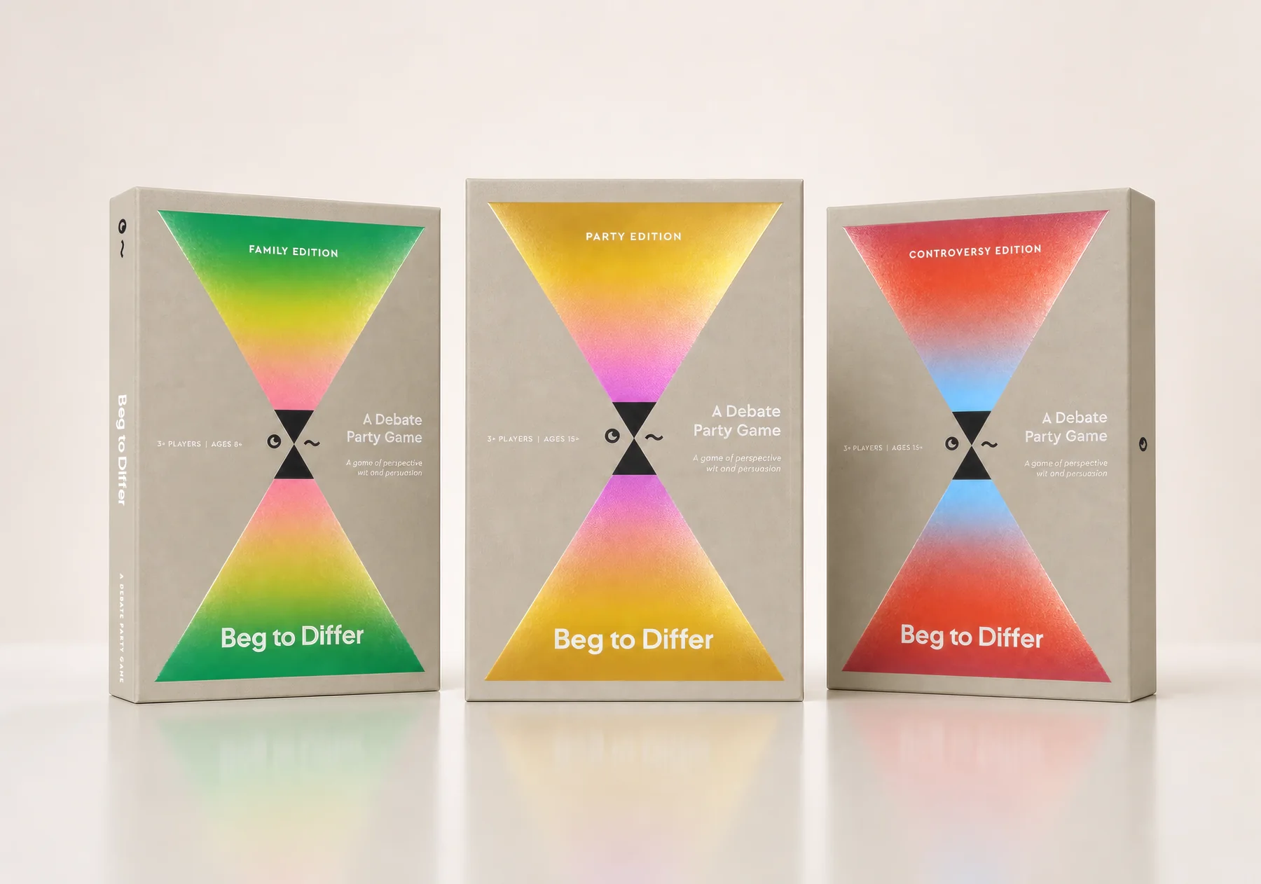 The three Beg to Differ editions standing side by side: Family, Party and Controversy