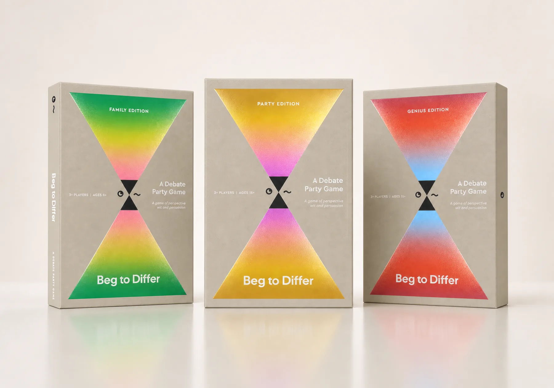 The three Beg to Differ editions standing side by side: Family, Party and Genius